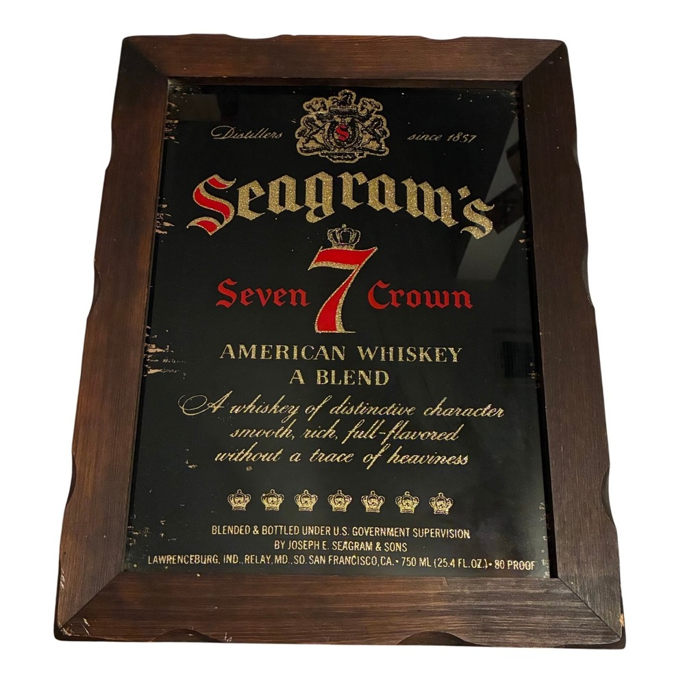 Vintage Seagrams Seven 7 Crown Whiskey Bar Mirror Scalloped Wood Frame 15x18